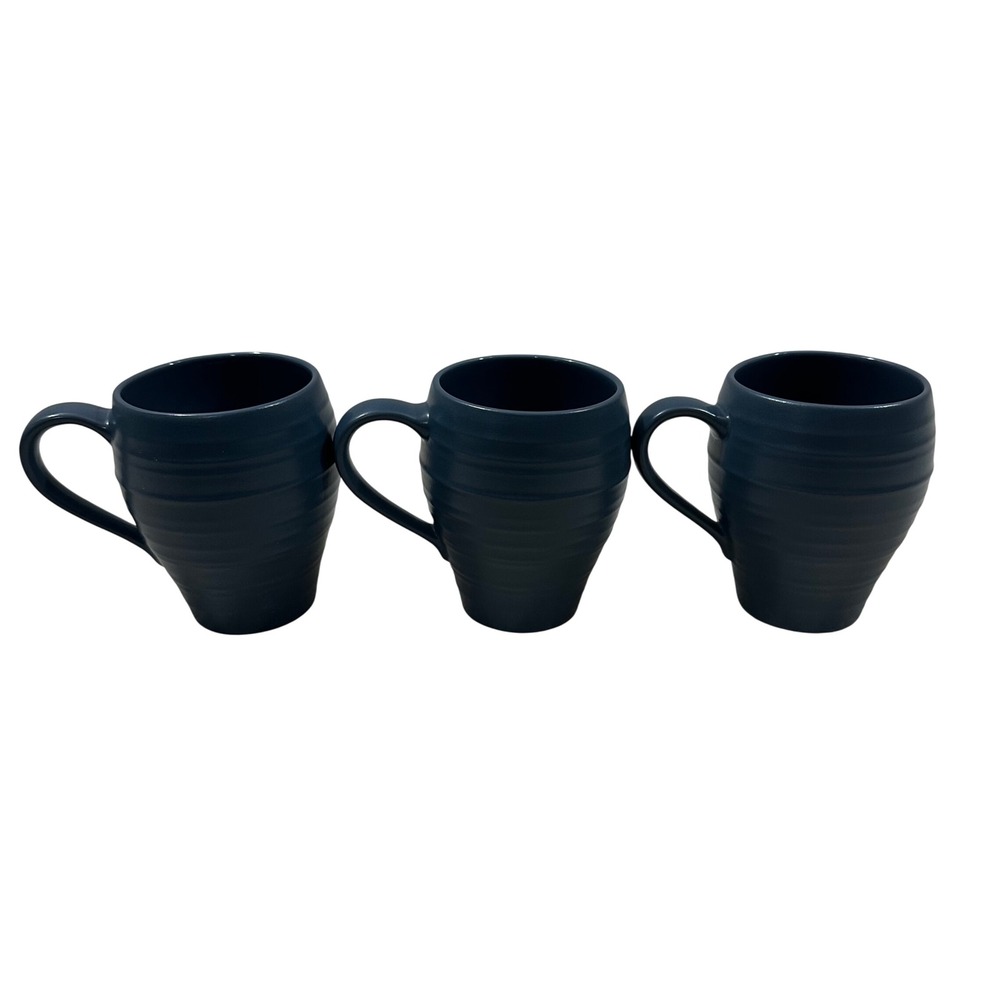 Mikasa Swirl Blue Stoneware Mugs Set of 3 Navy Blue Ribbed Matte
